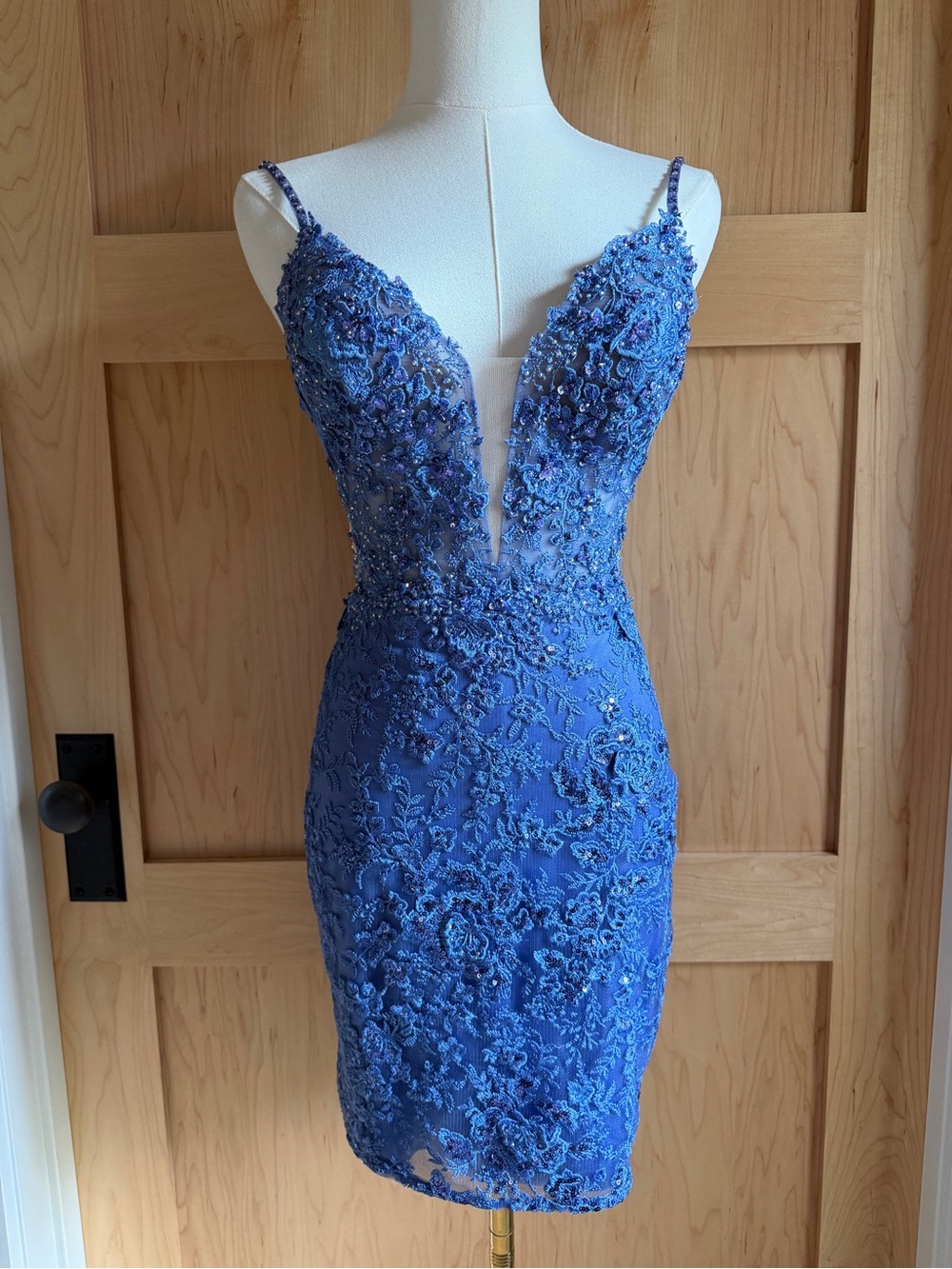 Sherri Hill Periwinkle Beaded Lace Cocktail Dress | Lace Up Back Mini Dress | 0